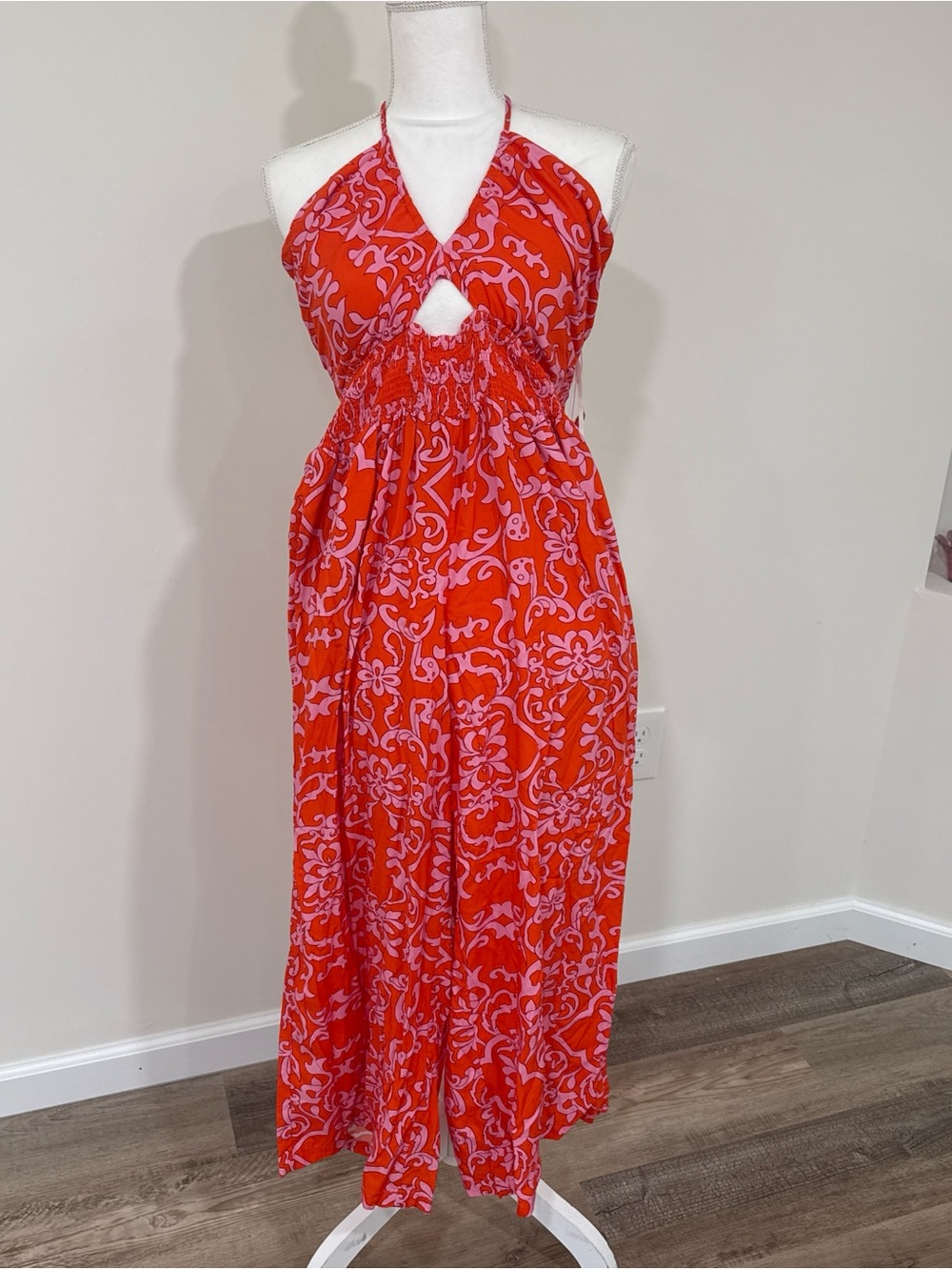 Aakaa Red and Pink Floral Halter Dress
